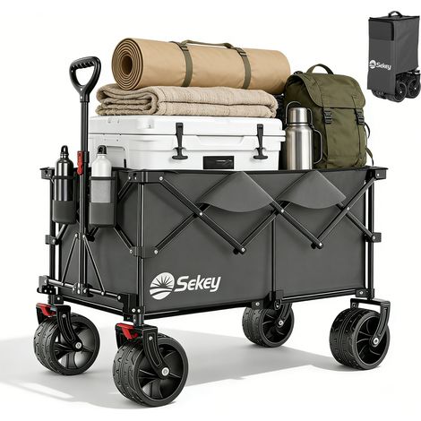 Sekey Chariot pliant XXL 200L - Bollerwagen robuste 200 kg avec roues tout-terrain larges, montage instantané 4 directions - Gris
