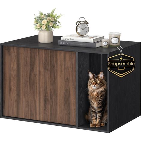Meuble Litière Chat, Assemblage Ultra-Rapide sans Outils Toolless, Cache-litière pour Grands Chats, Porte à Ouverture par Pression, Table, Style Minimaliste, Noir et Marron PCL013BK01 (1/5)