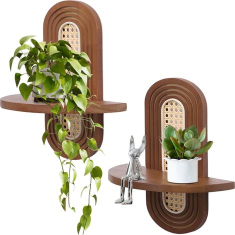 Lot de 2 étagères murales flottantes en rotin style bohème-Petites étagères décoratives uniques - En bois naturel - Pour salon, chambre à (2 x marron) (1/5)