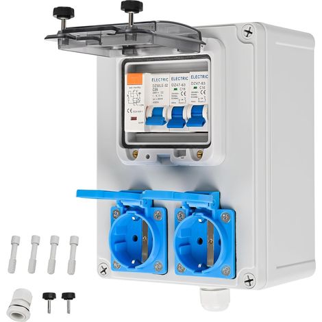 Coffret Électrique de Chantier Mural, 4 Prises 230V Pré-câblé avec 4 Disjoncteurs LS, IP65 Étanche, Répartiteur de Courant Robuste pour intérieur/extérieur Atelier, Chantier et Extérieur (1/5)
