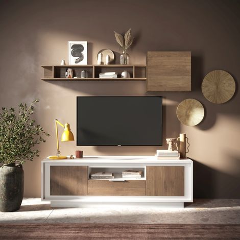 Meuble tv contemporain 180cm blanc et noyer YORI (1/5)