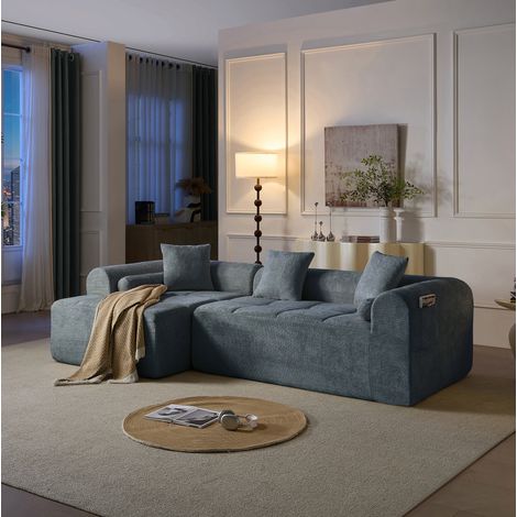 Sofá esquinero azul de chenilla 263 cm con bolsillo lateral OKWISH (1/5)