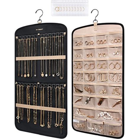 Roulette de rangement pour bijoux suspendue avec crochets métalliques, étui à voyage double face (1/5)