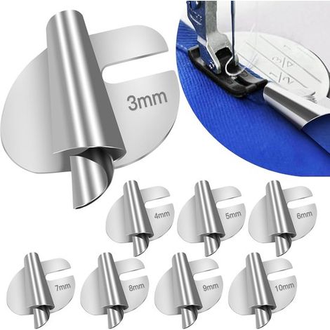 Set di 8 piedini per orlo arrotolato, piedino per orlo arrotolato 3/4/5/6/7/8/9/10 mm, 8 misure, piedino per orlo arrotolato largo, piedino per orlo arrotolato, accessori per cucito, piedini per macch (1/5)