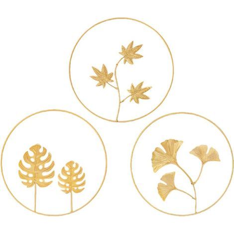AIDUCHO 3 piezas de esculturas de pared de hierro redondas, decoraciones de pared de metal, arte de flores de ginkgo biloba, adorno de pared para sala de estar, cocina, hogar, hotel, dormitorio (dorad (1/5)
