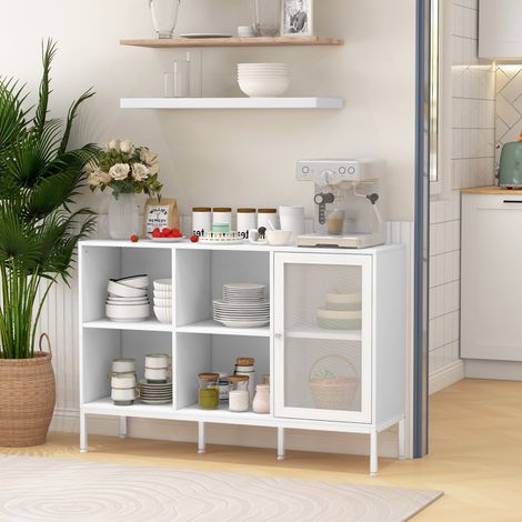 Armoire buffet avec 4 étagères ouvertes réglables et placard avec porte en 120x37x81,5 cm - unité de rangement en carton et acier - blanc (1/4)