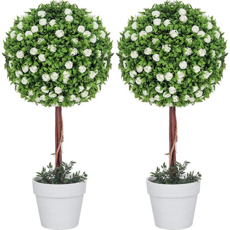 2-Pack Decorative Artificial Topiary Trees with Rose Flowers in Pot, 60cm Fake Plants for Indoor Outdoor Home Decor