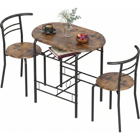 Table de cuisine ronde rustique brun bois avec 2 chaises, ensemble repas pour 2 personnes, étagères intégrées, salon, look bois vieilli (1/5)