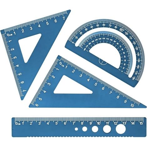 (Bleu)Regle equerre rapporteur, Equerre ecole, avec étui de rangement, jeu de règles géométrie mathématique alliage aluminium, Papeterie mathémat (1/5)