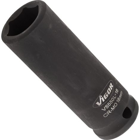 VIGOR Schlagschrauber Steckschlüsseleinsatz, lang, V5550L-18, 1/2 (12,5 mm) Vierkant hohl, Außen Sechskant Profil, SW 18 mm (1/4)