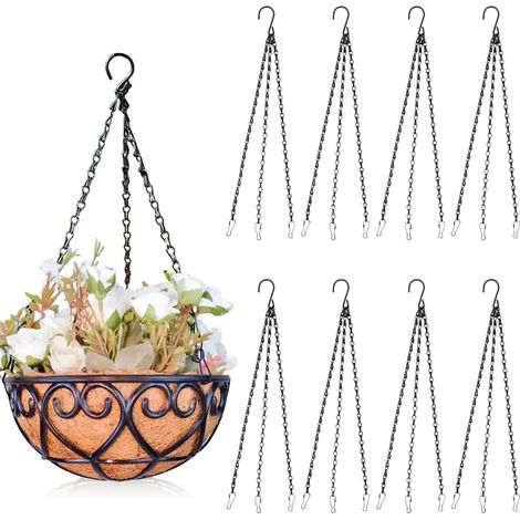 Lot de 8 chaînes de suspension avec clips, chaîne en métal à 3 torons, paniers suspendus de 40 cm, crochets de suspension pour pots de fleurs, cages à oiseaux, jardinières, lanternes (noir) (1/5)