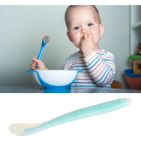 Silikonlöffel für Babys, ergonomisch, weich und zahnfleischschonend, für Babys ab 4 Monaten, hellblau. (1/5)