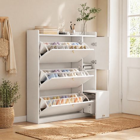 Mobile porta scarpe con 3 ribalte, panca ribaltabile e cassetto, 119 x 24 x 122 cm, bianco DESVIAE (1/5)