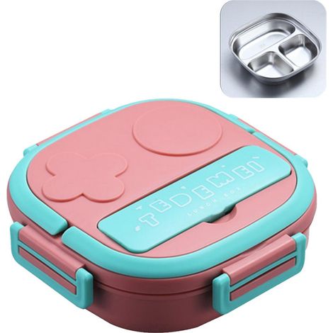 Japanische Bento-Box mit 3 Fächern und Gabel, wiederverwendbar, auslaufsicher, dreifach gegittert, rosa