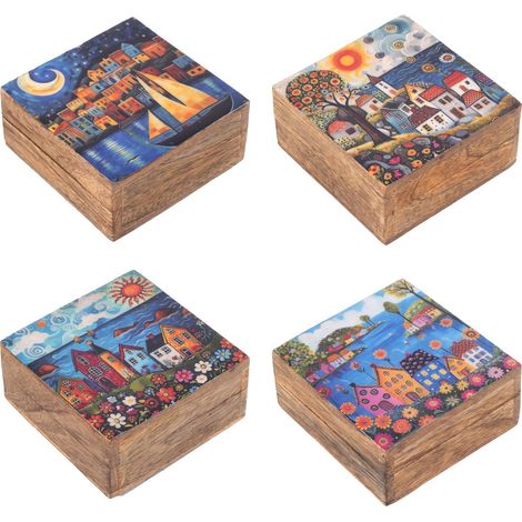 Scatola portaoggetti da cucina in legno di mango, set di 4 casette decorative, ideale per riporre e decorare