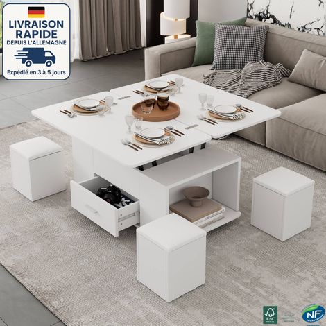 MODFU - Table basse à roulettes avec 4 tabourets et 1 tiroir, table à manger de salon cuisine, blanc, 100×50×45cm (1/5)
