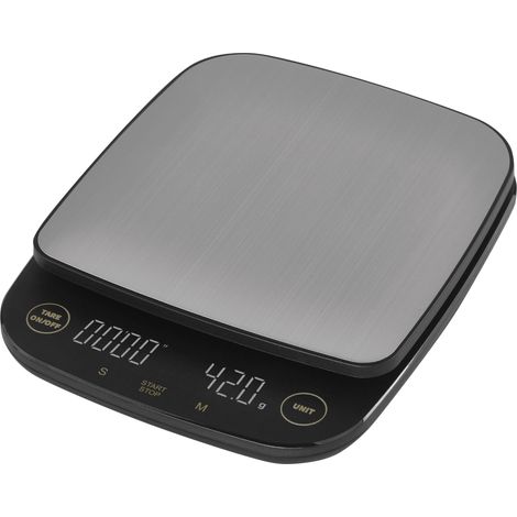 Balance à café numérique en acier inoxydable - Balance de cuisine pour barista - Poids maximal de 3 kg - Précision 0,1 g - Fonction tare - Minuterie - Affichage LED - g, lb, oz - Crochet de (1/5)