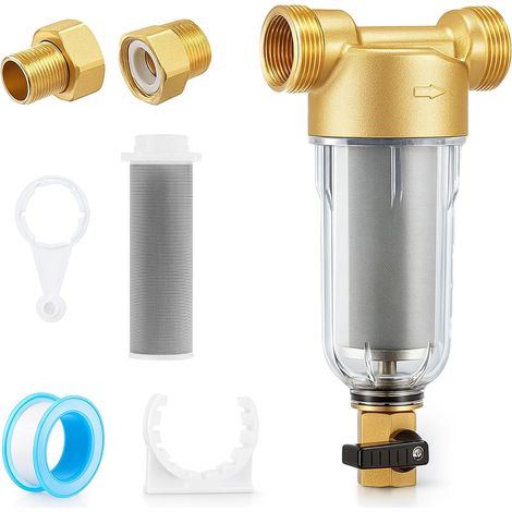 Filtre fin rinçable - Préfiltre à sédiments de 1" avec adaptateur 3/4" Combinaison de filtre réutilisable pour eau potable, eau de fontaine et tuyaux d'eau avec raccord MNPT (1/5)