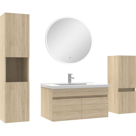 Meubles simple vasque 80cm,meuble acve colonne et miroir rond Chêne Wotan (1/5)