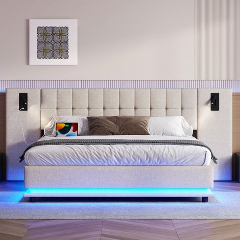 Lit double rembourré-LED et spots-tête de lit-USB-Toile de lin beige-250x203,5x103cm-Sans matelas (1/5)