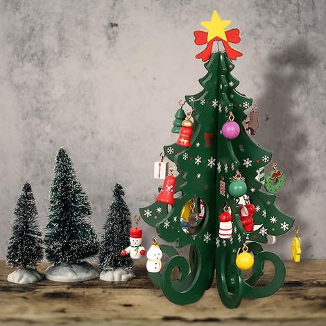 Calendrier de l'Avent mini arbres de Noël artificiels en bois avec 24 pendentifs - Sapin de Noël vert - Mini sapin de Noël - Petite décoration de Noël pour décoration de table - Décoration de table - (1/4)