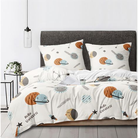 Parure de lit pour enfant - Douce, avec housse de couette 135 x 200 cm et 1 taie d'oreiller 80 x 80 cm - Motif espace beige, planètes, soleil, étoiles, météorites (1/5)