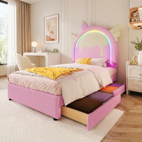 Cama infantil 90x200 cm de PU rosa con almacenaje, sin colchón, FloraGrace (1/5)