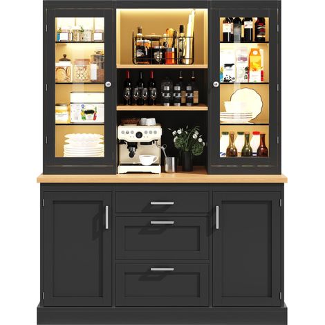 Meuble de cuisine avec éclairage LED commandé par application, 185 x 140 x 40 cm, 3 tiroirs, plan de travail, étagères réglables, noir/blanc/vert (1/5)