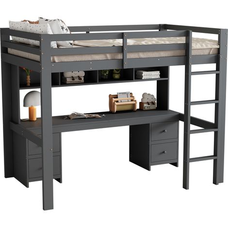 Lit Élevé 90x200cm - En Bois avec Bureau & 4 Tiroirs - Pour Enfant, Chambre - Gris (1/5)