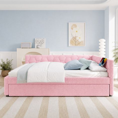 Lit 140x200 gigogne, USB/Type-C, lampe, velours rose HAVRYA (1/5)