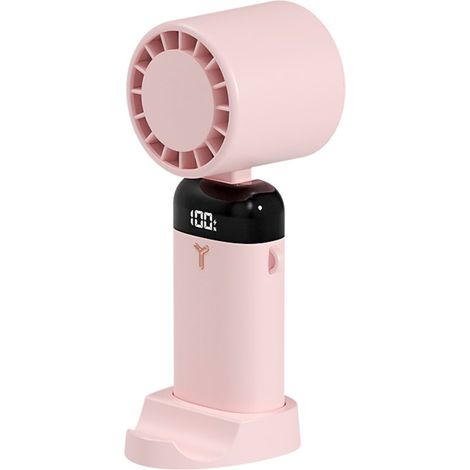 Ventilador de mesa portátil con brazo articulado y ángulo ajustable de 90°, batería de 3600 mAh, 3 velocidades, base que sirve como soporte para teléfono e indicador de batería.