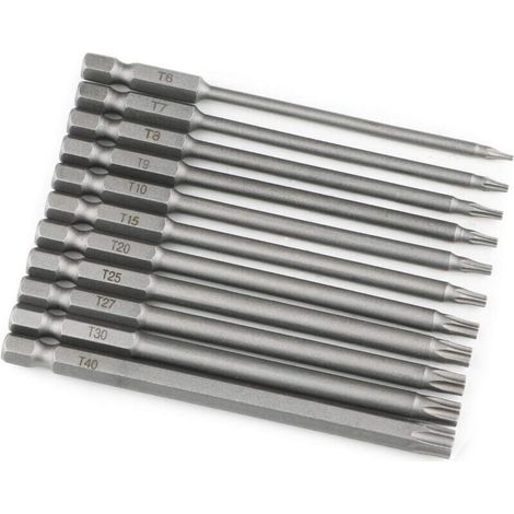 Lot de 11 embouts Torx extra longs (100 mm) et magnétiques T8-T40 1/4" - Tige hexagonale - Tournevis électrique (1/4)