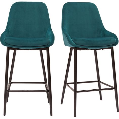 Barhocker aus petrolblauem Samtstoff und schwarzem Metall H 65 cm (2er-Set) HOLO