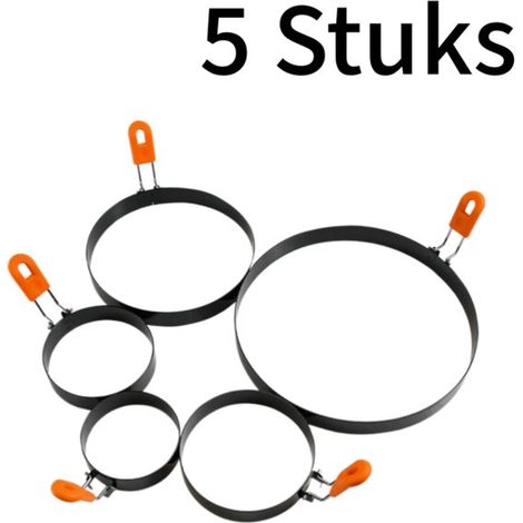 Lot de 5 - Moules à œufs - Anneaux à œufs au plat - Convient aux revêtements antiadhésifs - Acier inoxydable renforcé - Poignée en silicone résistante à la chaleur - 5 tailles différentes - Couleur ac (1/5)
