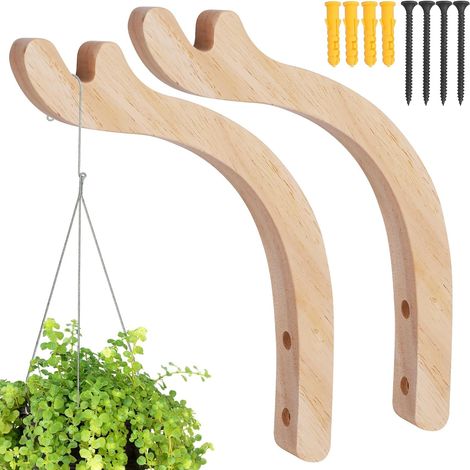 Lot de 2 crochets muraux en bois pour plantes d'intérieur, suspension robuste pour lanternes, support de fleurs, pot, carillons, jardinières, paniers suspendus (1/5)