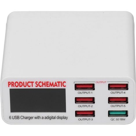 Bloc chargeur USB 6 ports, chargeur intelligent à affichage numérique, prise secteur AC 110-240V (1/5)