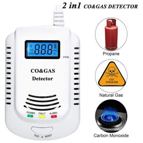2-in-1 CO and Combustible Gas Detector - Carbon Monoxide Alarm with Methane, Propane, Butane and Natural Gas Detection - Audible and Visual Warning, Color LCD Display, Power Outlet (1/3)