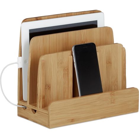 Relaxdays Ladestation Bambus, Ladestationhalter, 3 Ablagen, Smartphone, Handy, Tablets, HBT: 23 x 25,5 x 13,5 cm, natur (1/5)