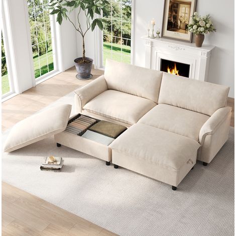 Divano angolare modulare con 2 pouf, ciniglia beige, 216 x 77 x 82 cm DESVIAE (1/5)