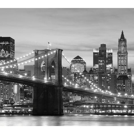 Rideau imprimé New York pont de Brooklyn illuminé photo en noir et blanc280x245 cm, 2 pièces (1/3)