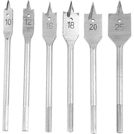 Lot de 6 mèches plates en acier à haute teneur en carbone pour le travail du bois, de 10 à 25 mm (1/4)