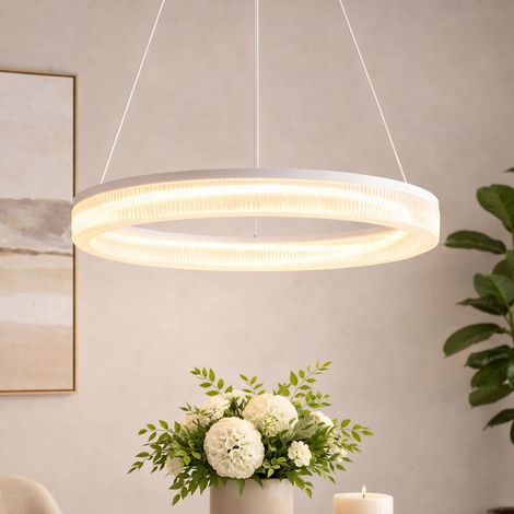 LED Hängeleuchte Höhenverstellbar Pendelleuchte Ringe Esszimmerleuchte sandfarben weiß, Metall, 16W 1100Lm warmweiß, DxH 33x150 cm