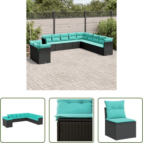 Gartenmöbel - 11-teiliges Gartensofa-Set mit Kissen, schwarzes Polyrattan (1/5)