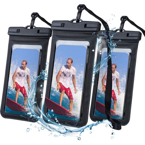 Custodia impermeabile per smartphone da 3 pezzi, custodia impermeabile per cellulare IPX8, custodia subacquea per iPhone 16/15/14/13, Samsung, protezione per telefono fino a 7,2 pollici, nero (1/5)