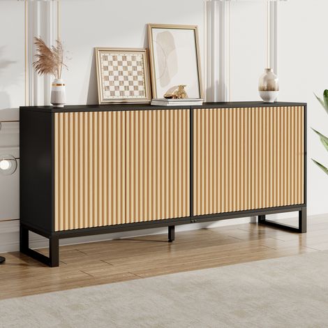 Modernluxe - Buffet/Meuble à chaussures moderne 160x40x75 cm - 4 portes à rayures verticales - Étagères réglables - MDF - Naturel + Noir (1/5)