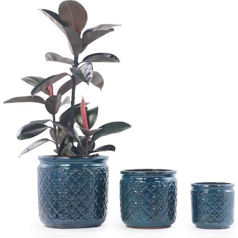 Set di 3 vasi in ceramica fatti a mano (Ø 38/30,5/23 cm), colore blu-verde scuro lucido con rilievo a forma di diamante, traspiranti, resistenti al gelo, con fori di drenaggio, ideali per giardino e b (1/5)