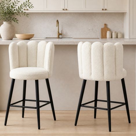 Lot 2 chaises hautes bar repose-pieds acier laine bouclée 65 cm crème noir (1/5)