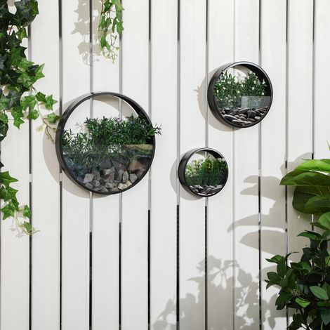 CHICFURN Set de 3 maceteros murales Ø30,5 x 5 cm de acero negro (1/5)
