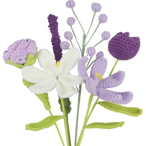 Bouquet de 6 pièces au crochet - Fleurs tricotées - Fait main - Tulipes, roses et lys tricotés - Décoration, cadeaux, décoration de fête - Violet et blanc (1/5)