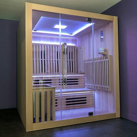Boreal Sauna – Sauna infrarouge Combi 4/5 places 180x180 cm – Technologie hybride infrarouge + vapeur – Panneau digital avec Bluetooth-FM